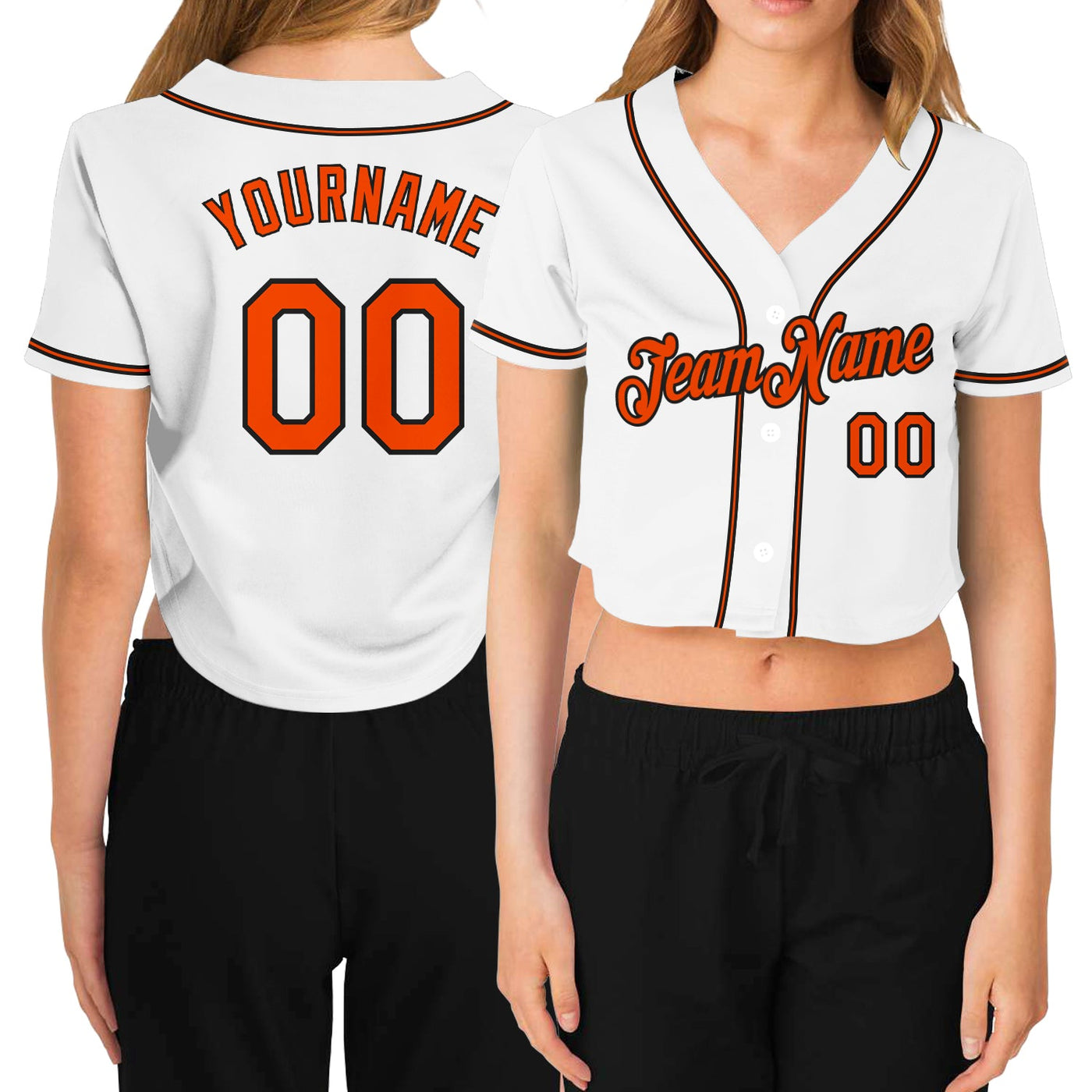 Custom Women's White Orange-Black V-Neck Cropped Baseball Jersey - Owls Matrix LTD