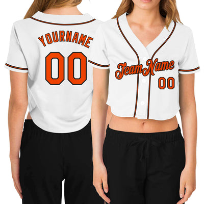 Custom Women's White Orange-Black V-Neck Cropped Baseball Jersey - Owls Matrix LTD