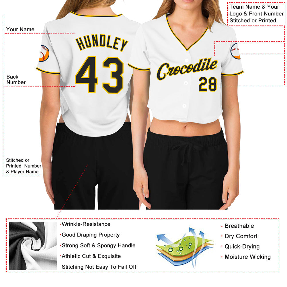 Custom Women's White Black-Gold V-Neck Cropped Baseball Jersey - Owls Matrix LTD