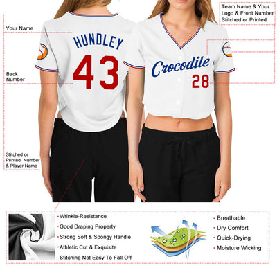 Custom Women's White Red-Royal V-Neck Cropped Baseball Jersey - Owls Matrix LTD