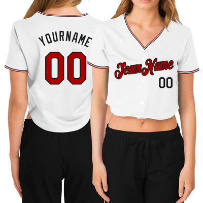 Custom Women's White Red-Black V-Neck Cropped Baseball Jersey - Owls Matrix LTD