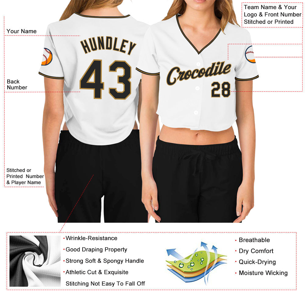 Custom Women's White Black-Old Gold V-Neck Cropped Baseball Jersey - Owls Matrix LTD