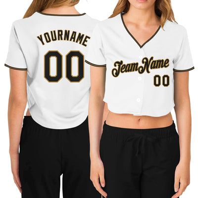 Custom Women's White Black-Old Gold V-Neck Cropped Baseball Jersey - Owls Matrix LTD