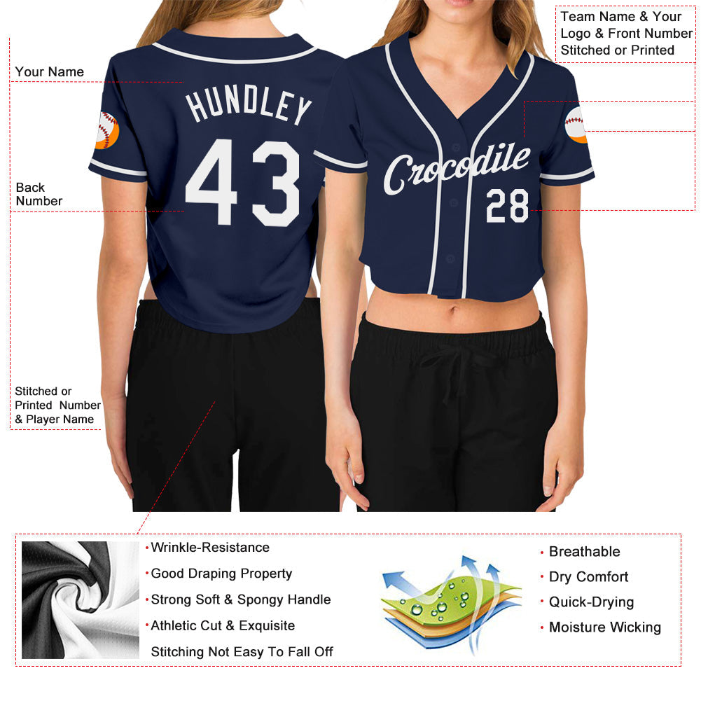 Custom Women's Navy White V-Neck Cropped Baseball Jersey - Owls Matrix LTD