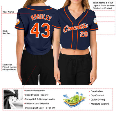 Custom Women's Navy Orange-White V-Neck Cropped Baseball Jersey - Owls Matrix LTD