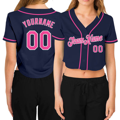 Custom Women's Navy Pink-White V-Neck Cropped Baseball Jersey - Owls Matrix LTD