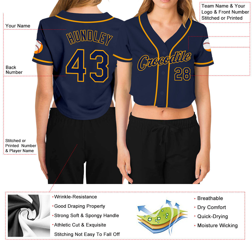 Custom Women's Navy Navy-Gold V-Neck Cropped Baseball Jersey - Owls Matrix LTD