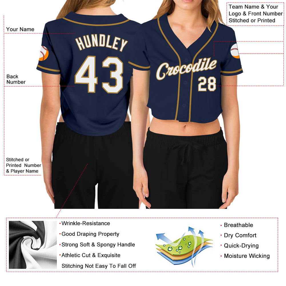 Custom Women's Navy White-Old Gold V-Neck Cropped Baseball Jersey - Owls Matrix LTD