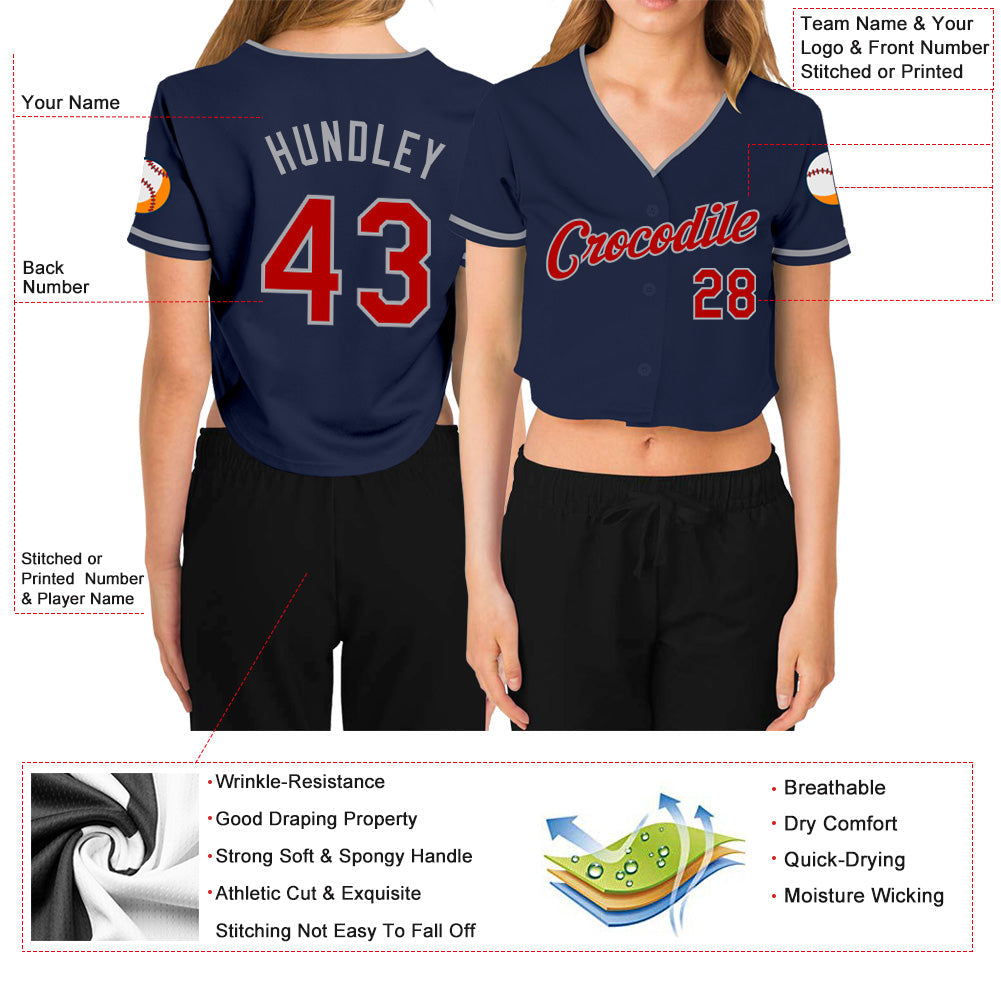 Custom Women's Navy Red-Gray V-Neck Cropped Baseball Jersey - Owls Matrix LTD
