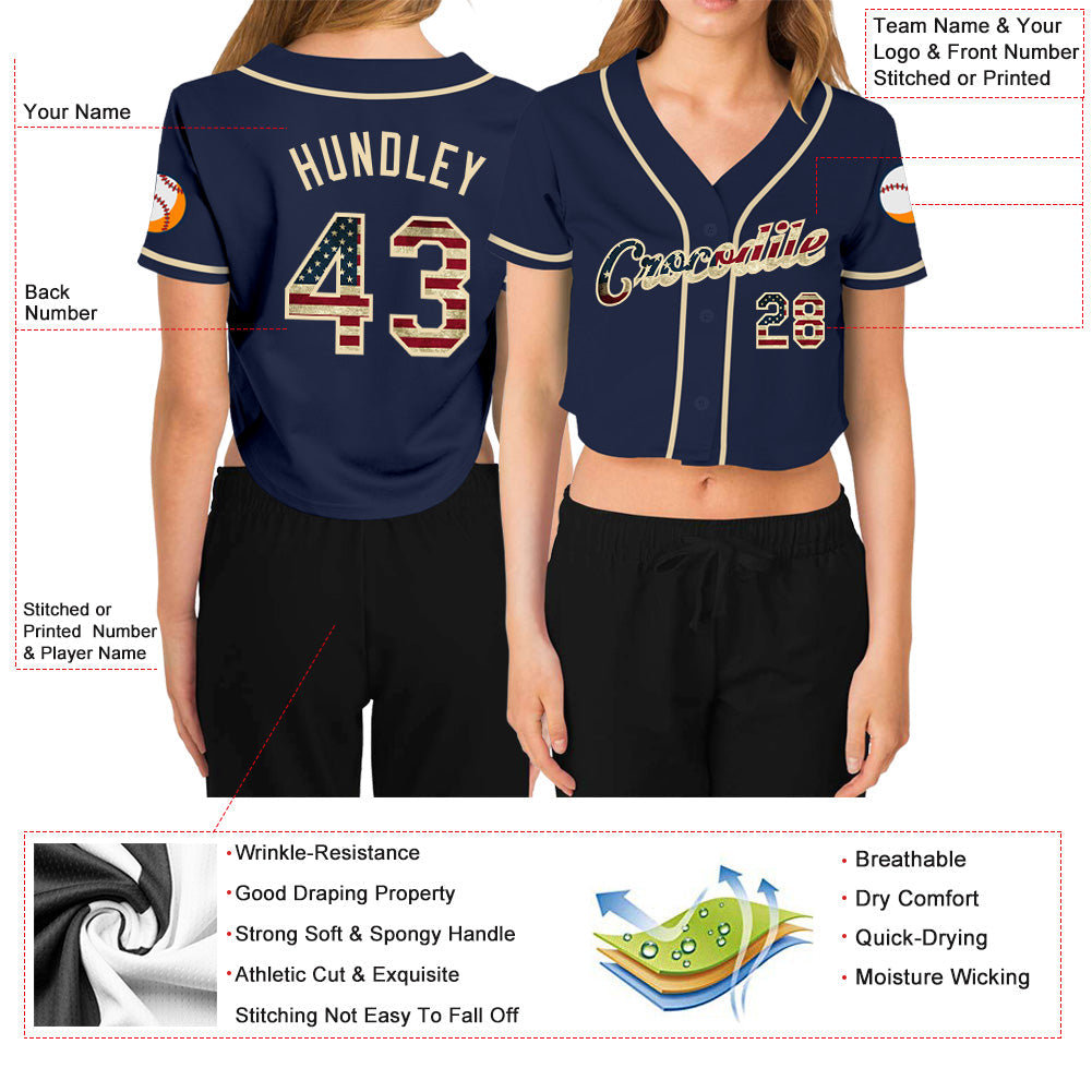 Custom Women's Navy Vintage USA Flag-Cream V-Neck Cropped Baseball Jersey - Owls Matrix LTD
