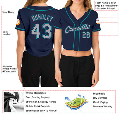 Custom Women's Navy Gary-Aqua V-Neck Cropped Baseball Jersey - Owls Matrix LTD