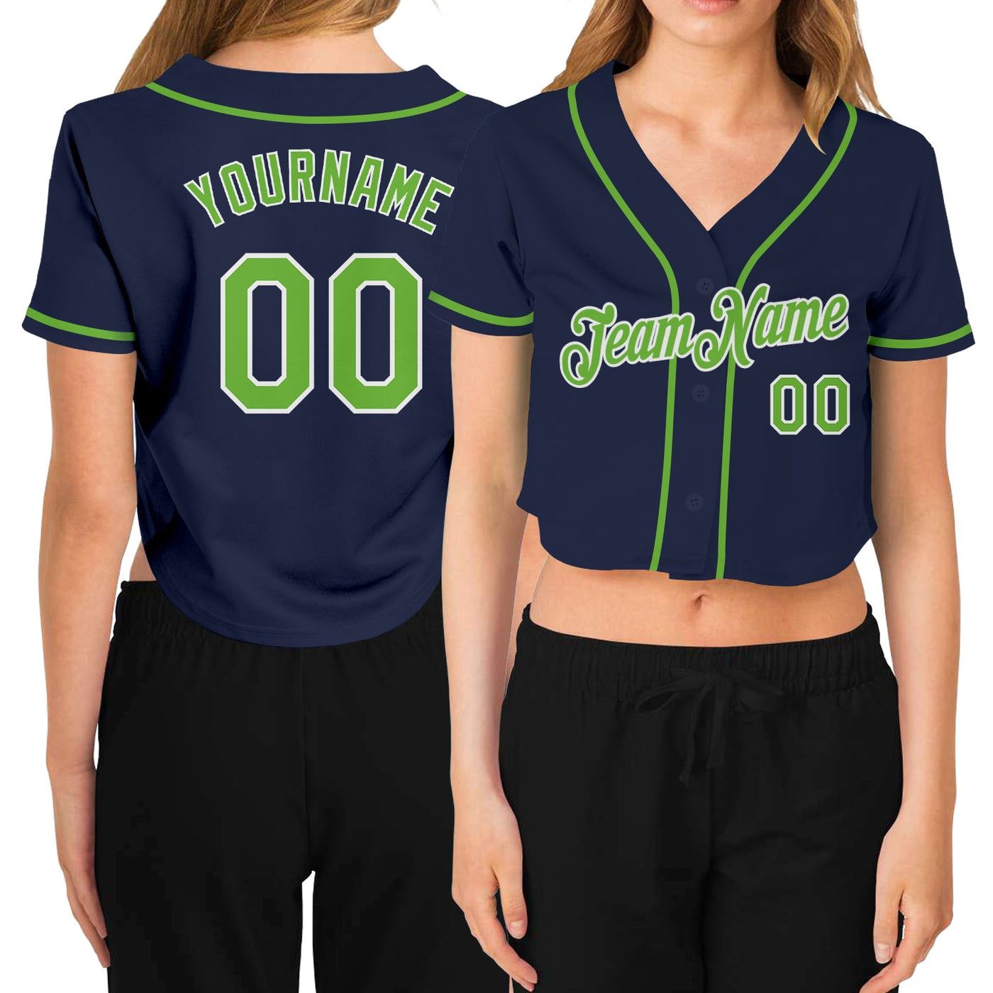 Custom Women's Navy Neon Green-White V-Neck Cropped Baseball Jersey - Owls Matrix LTD