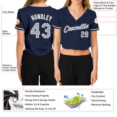 Custom Women's Navy Gray-White V-Neck Cropped Baseball Jersey - Owls Matrix LTD