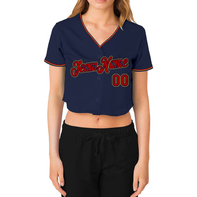 Custom Women's Navy Red-Old Gold V-Neck Cropped Baseball Jersey - Owls Matrix LTD