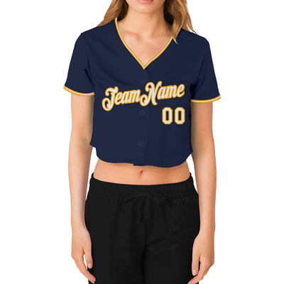 Custom Women's Navy White-Gold V-Neck Cropped Baseball Jersey - Owls Matrix LTD