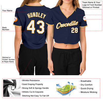 Custom Women's Navy White-Gold V-Neck Cropped Baseball Jersey - Owls Matrix LTD