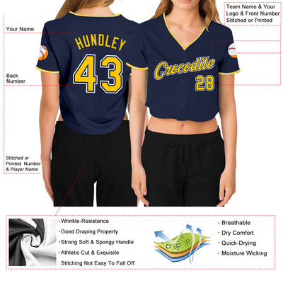 Custom Women's Navy Gold-White V-Neck Cropped Baseball Jersey - Owls Matrix LTD