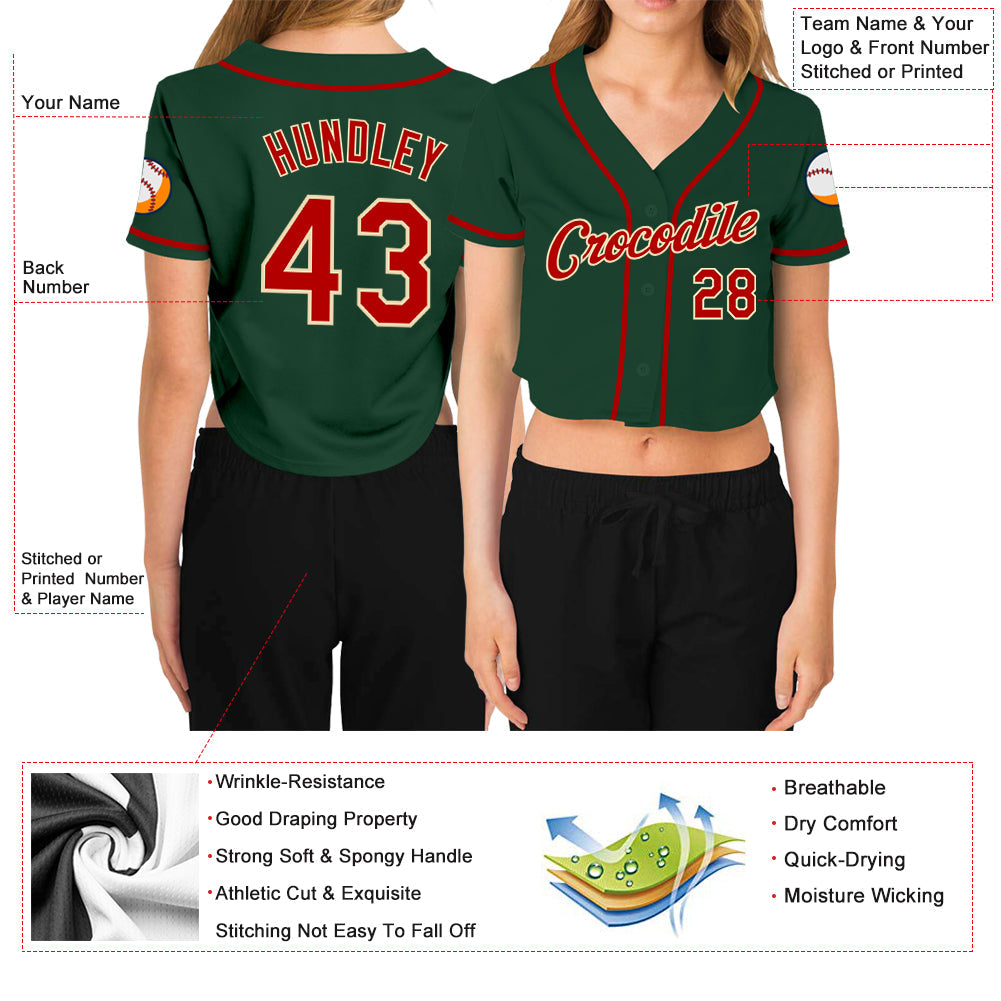 Custom Women's Green Red-Cream V-Neck Cropped Baseball Jersey - Owls Matrix LTD