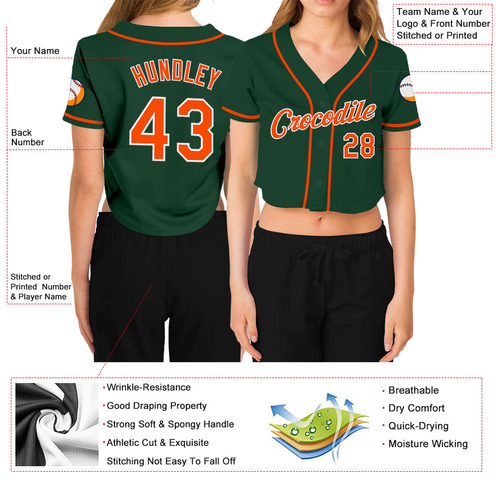 Custom Women's Green Orange-White V-Neck Cropped Baseball Jersey - Owls Matrix LTD
