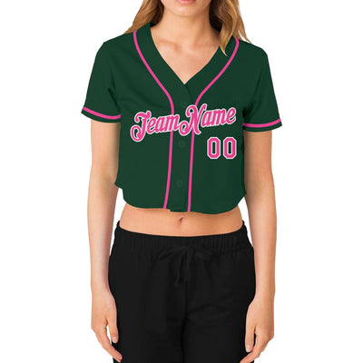 Custom Women's Green Pink-White V-Neck Cropped Baseball Jersey - Owls Matrix LTD