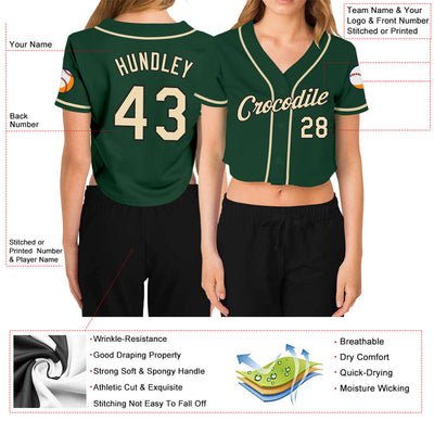 Custom Women's Green Cream-Black V-Neck Cropped Baseball Jersey - Owls Matrix LTD
