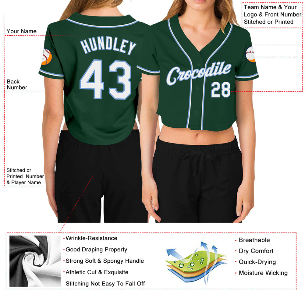 Custom Women's Green White-Light Blue V-Neck Cropped Baseball Jersey - Owls Matrix LTD