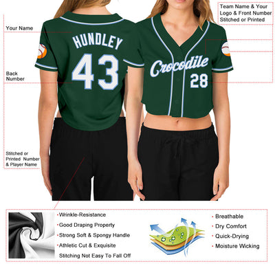 Custom Women's Green White-Light Blue V-Neck Cropped Baseball Jersey - Owls Matrix LTD