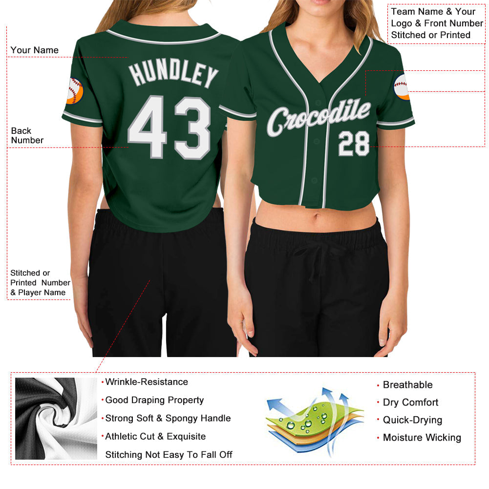 Custom Women's Green White-Gray V-Neck Cropped Baseball Jersey - Owls Matrix LTD