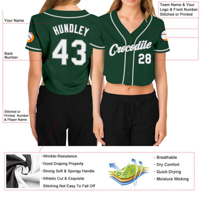 Custom Women's Green White-Gray V-Neck Cropped Baseball Jersey - Owls Matrix LTD