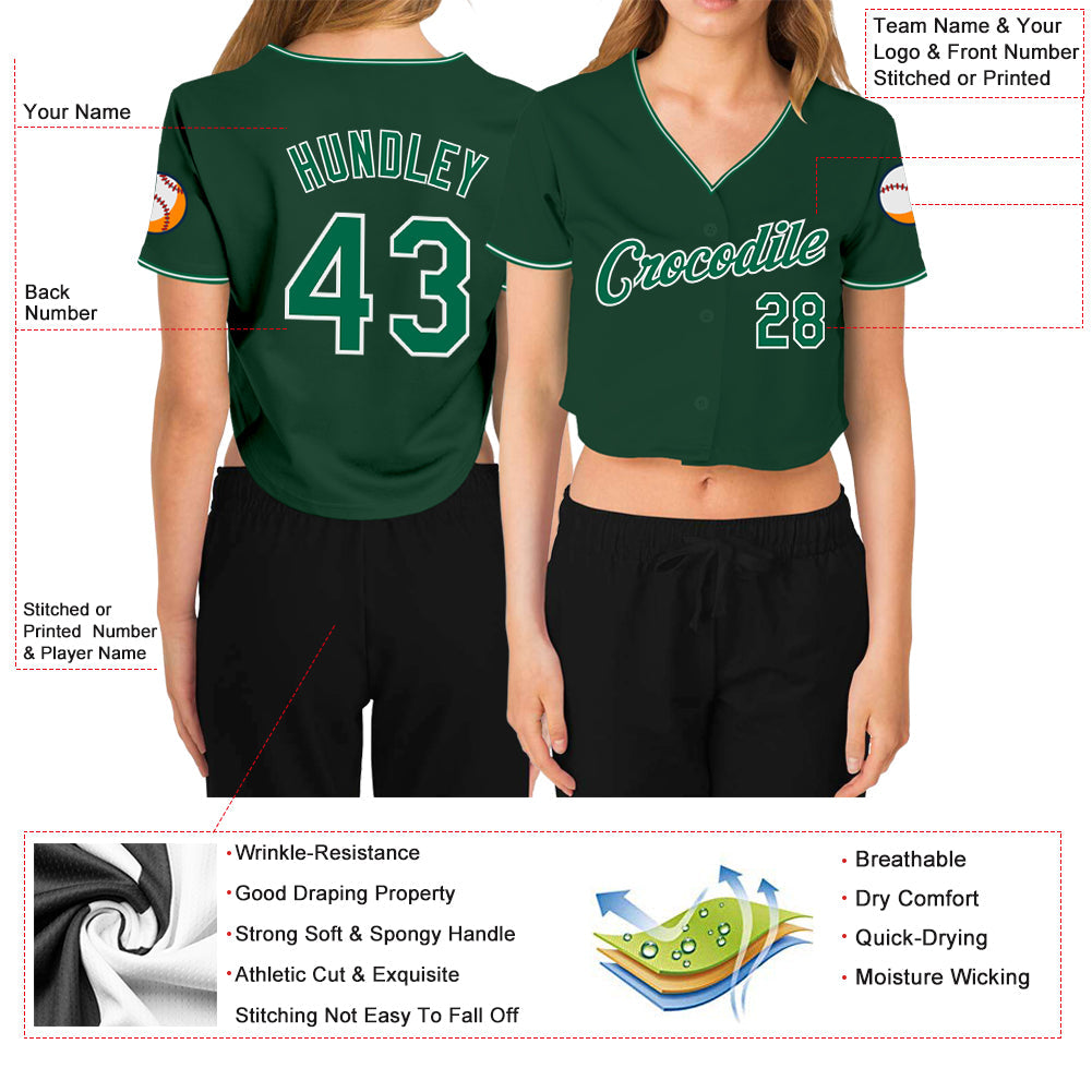 Custom Women's Green Kelly Green-White V-Neck Cropped Baseball Jersey - Owls Matrix LTD