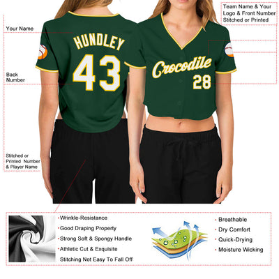 Custom Women's Green White-Gold V-Neck Cropped Baseball Jersey - Owls Matrix LTD