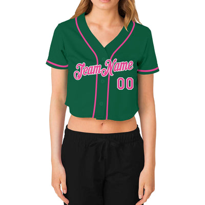 Custom Women's Kelly Green Pink-White V-Neck Cropped Baseball Jersey - Owls Matrix LTD