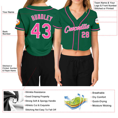 Custom Women's Kelly Green Pink-White V-Neck Cropped Baseball Jersey - Owls Matrix LTD
