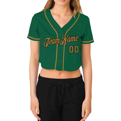 Custom Women's Kelly Green Old Gold-Black V-Neck Cropped Baseball Jersey - Owls Matrix LTD