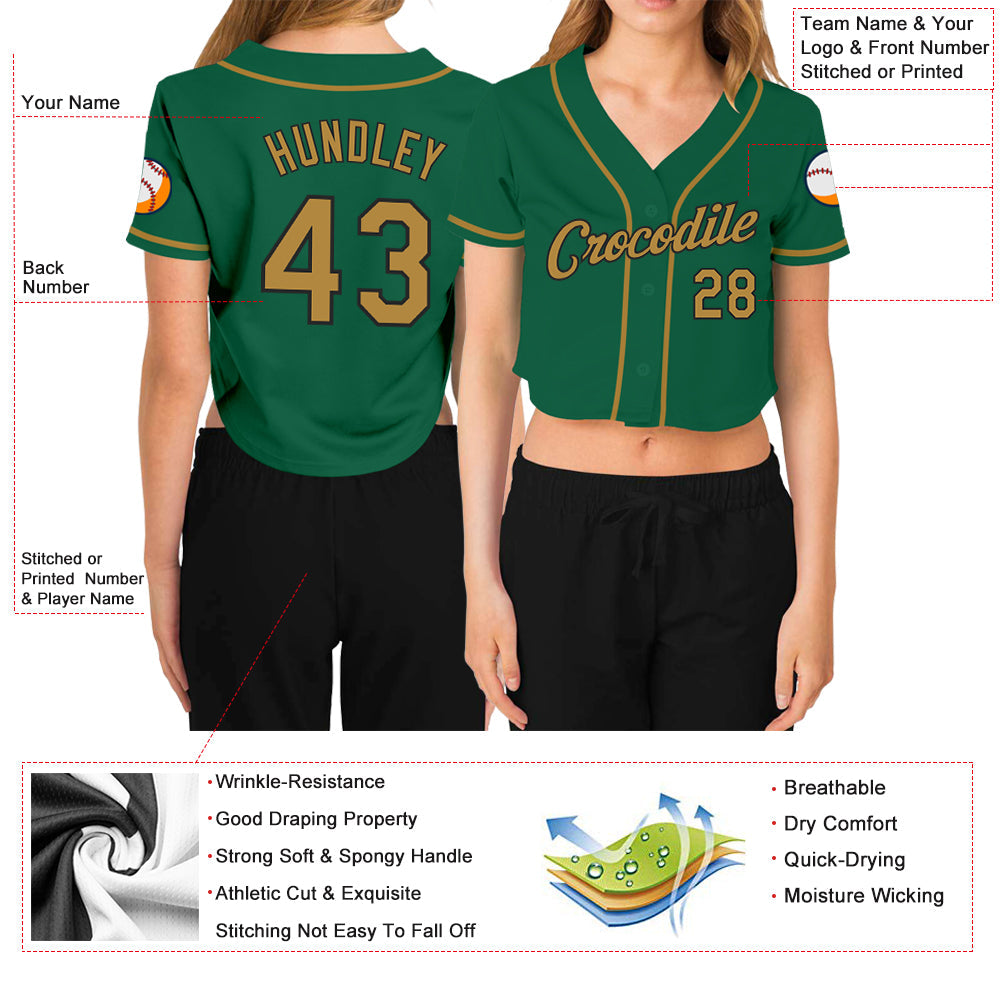Custom Women's Kelly Green Old Gold-Black V-Neck Cropped Baseball Jersey - Owls Matrix LTD