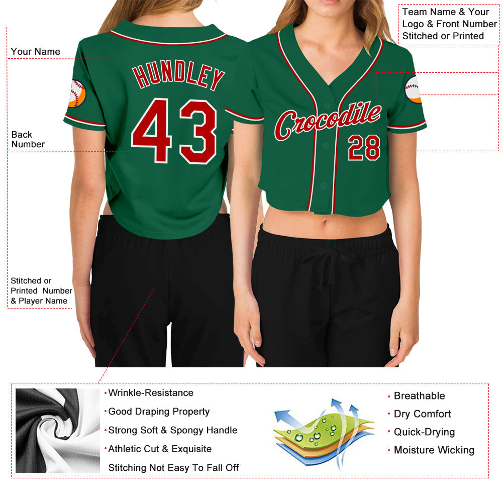 Custom Women's Kelly Green Red-White V-Neck Cropped Baseball Jersey - Owls Matrix LTD