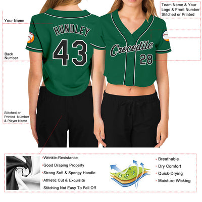 Custom Women's Kelly Green Black-White V-Neck Cropped Baseball Jersey - Owls Matrix LTD