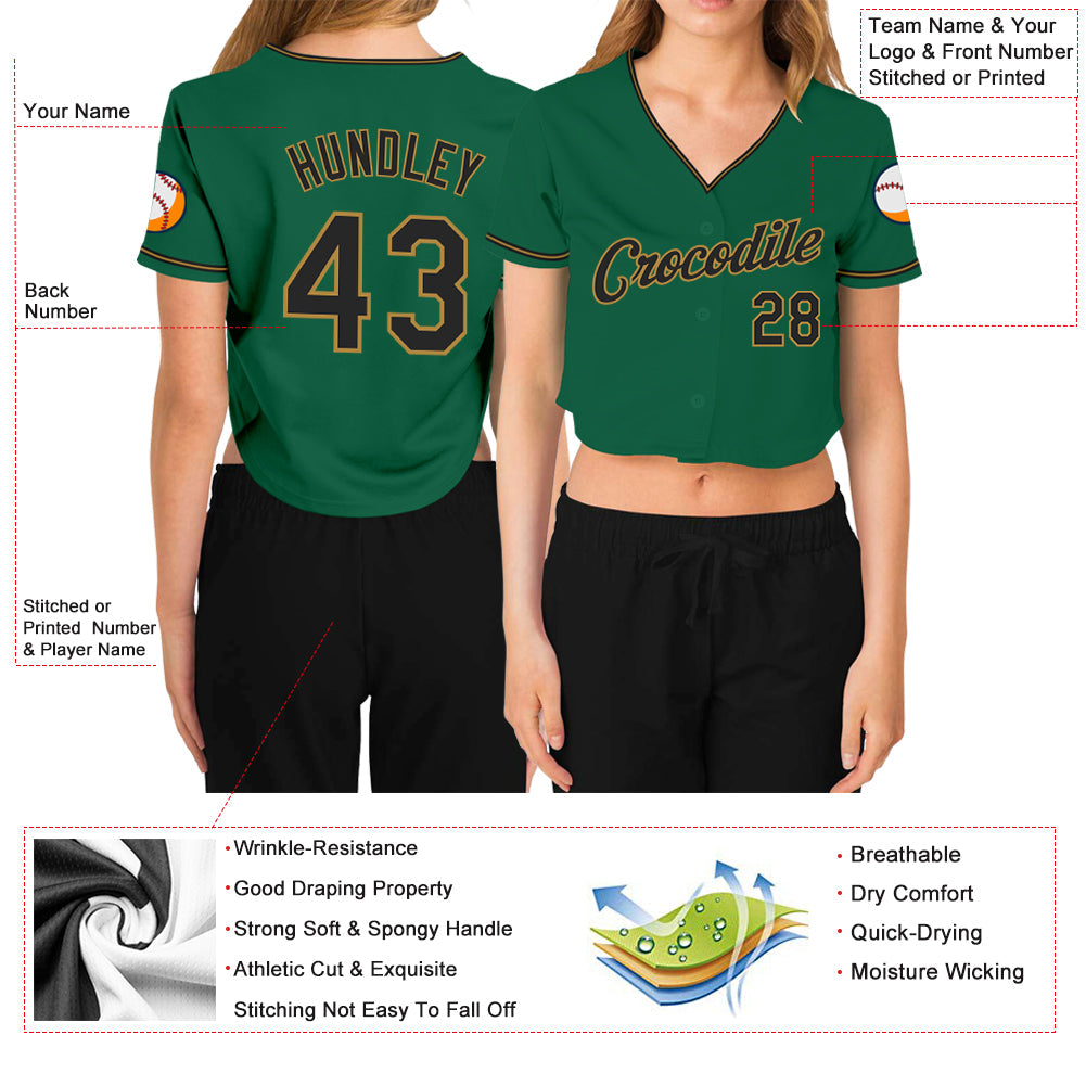 Custom Women's Kelly Green Black-Old Gold V-Neck Cropped Baseball Jersey - Owls Matrix LTD