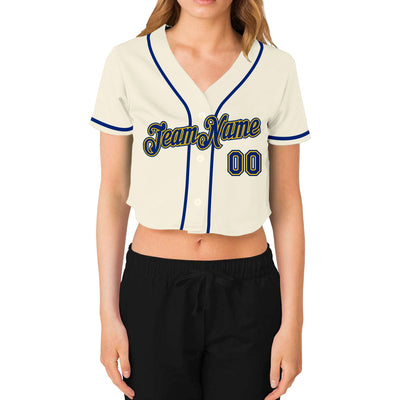Custom Women's Cream Royal-Gold V-Neck Cropped Baseball Jersey - Owls Matrix LTD
