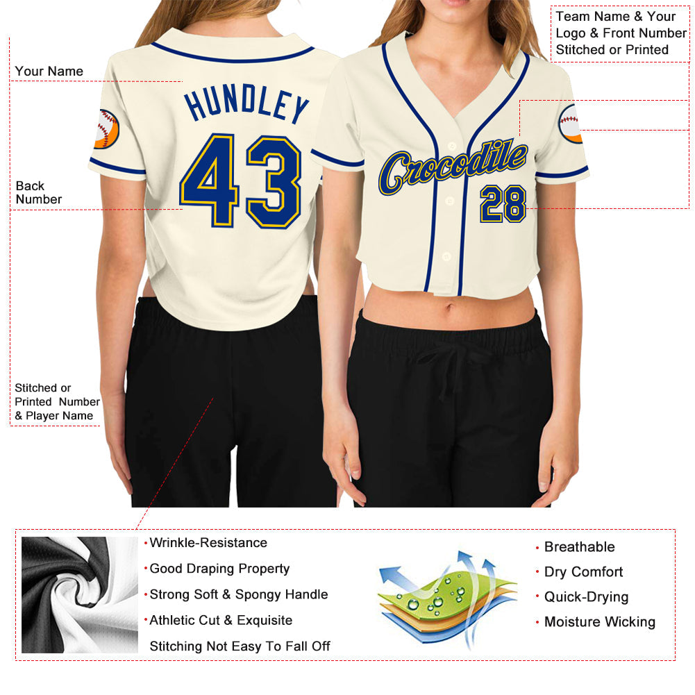 Custom Women's Cream Royal-Gold V-Neck Cropped Baseball Jersey - Owls Matrix LTD