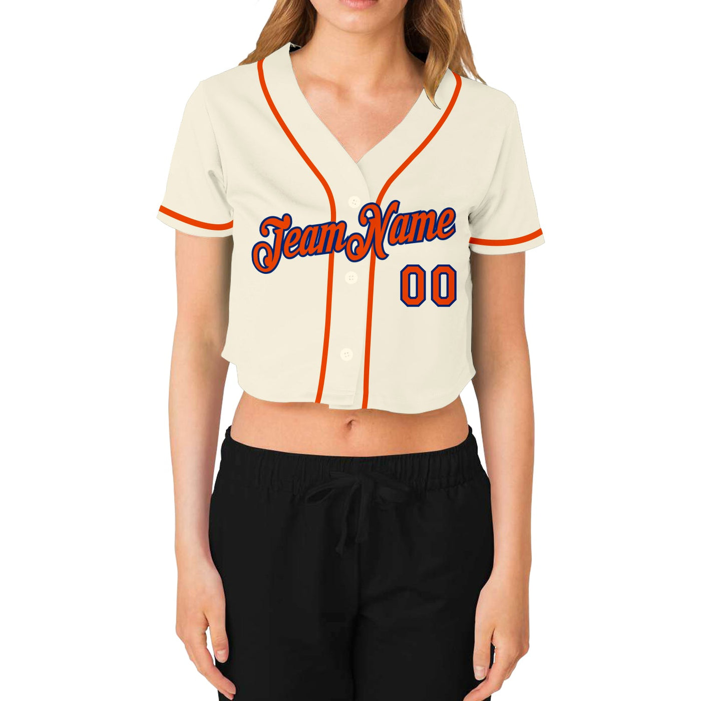 Custom Women's Cream Orange-Royal V-Neck Cropped Baseball Jersey - Owls Matrix LTD