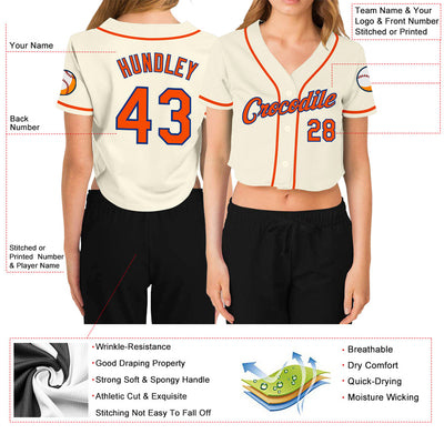 Custom Women's Cream Orange-Royal V-Neck Cropped Baseball Jersey - Owls Matrix LTD