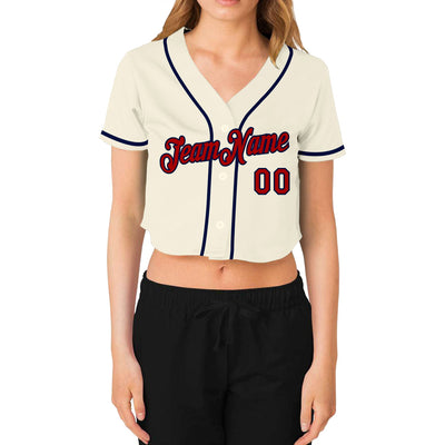Custom Women's Cream Red-Navy V-Neck Cropped Baseball Jersey - Owls Matrix LTD