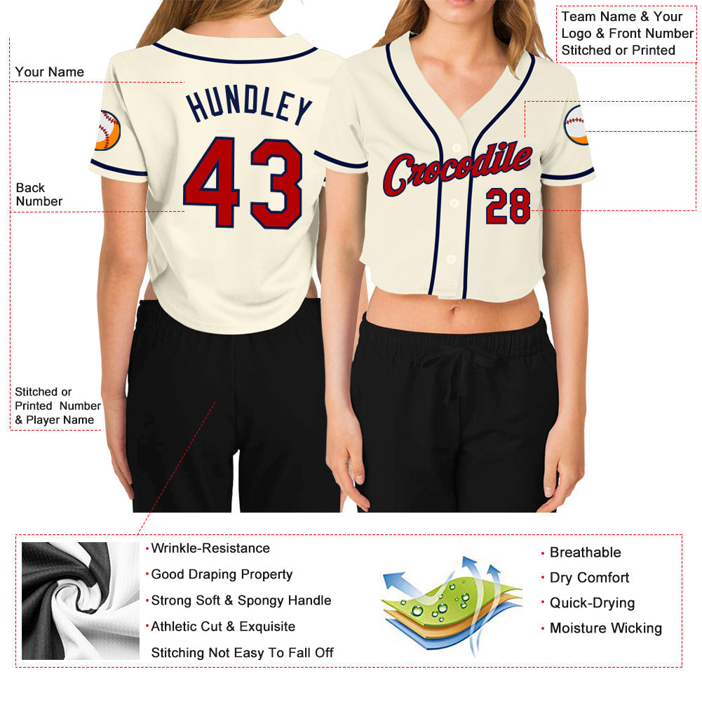 Custom Women's Cream Red-Navy V-Neck Cropped Baseball Jersey - Owls Matrix LTD