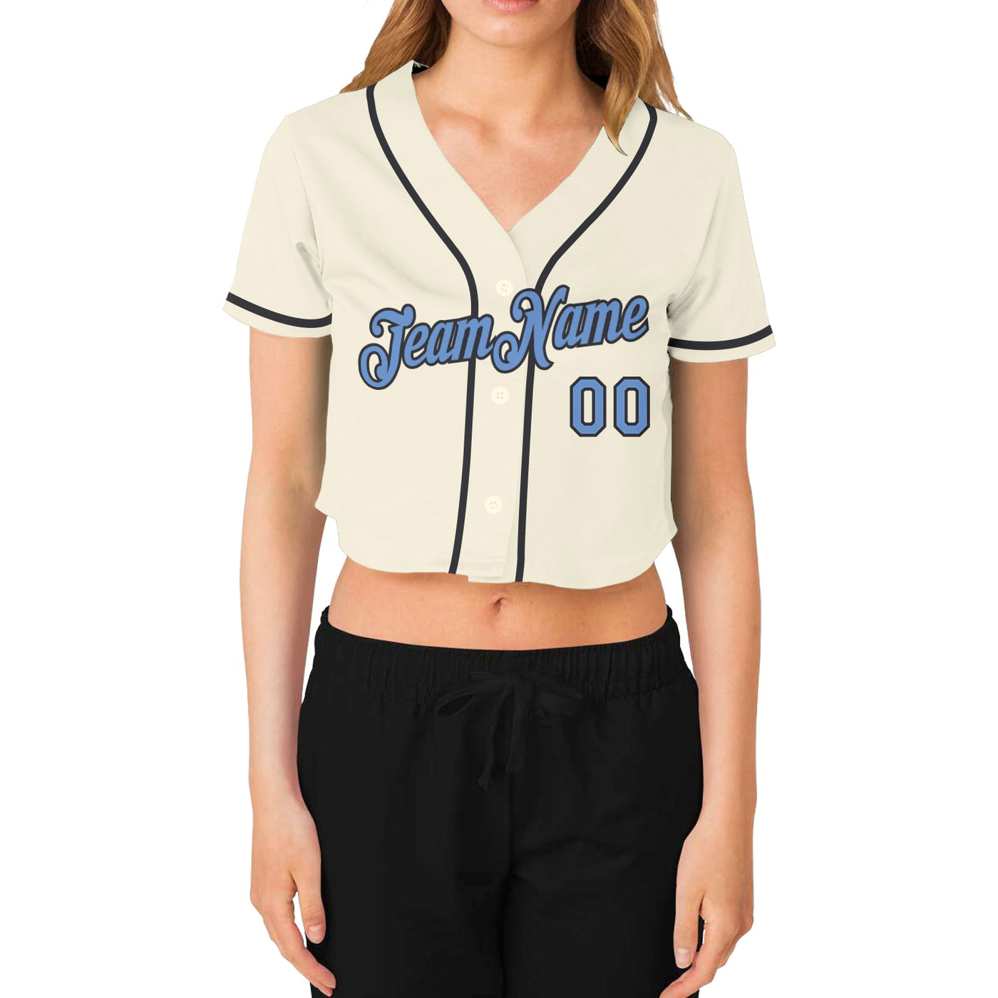 Custom Women's Cream Light Blue-Dark Gray V-Neck Cropped Baseball Jersey - Owls Matrix LTD