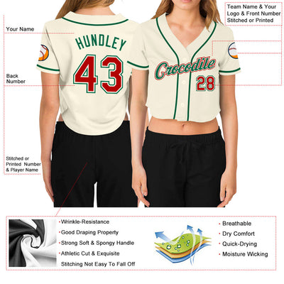 Custom Women's Cream Red-Kelly Green V-Neck Cropped Baseball Jersey - Owls Matrix LTD