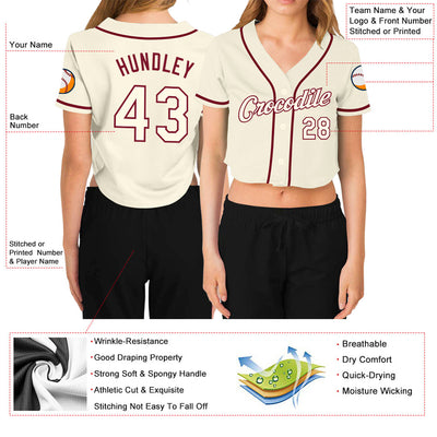 Custom Women's Cream Cream-Crimson V-Neck Cropped Baseball Jersey - Owls Matrix LTD