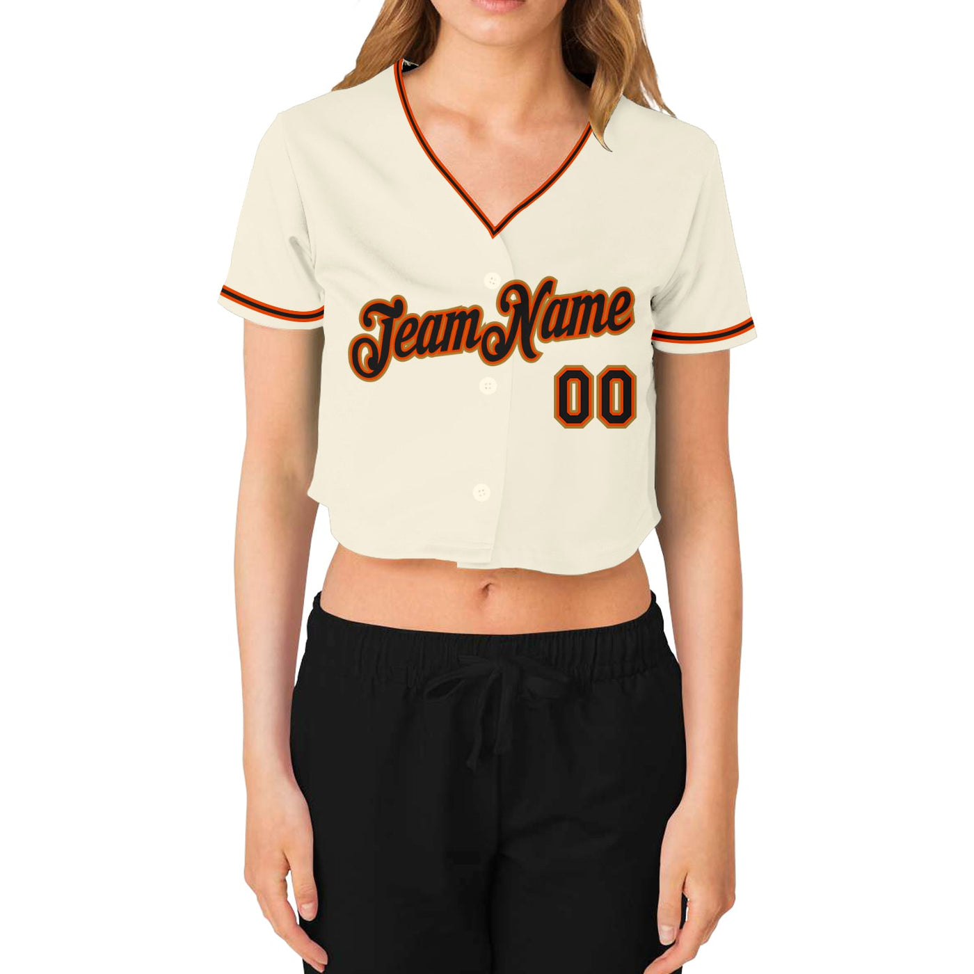 Custom Women's Cream Black Orange-Old Gold V-Neck Cropped Baseball Jersey - Owls Matrix LTD