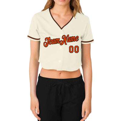 Custom Women's Cream Orange-Black V-Neck Cropped Baseball Jersey - Owls Matrix LTD