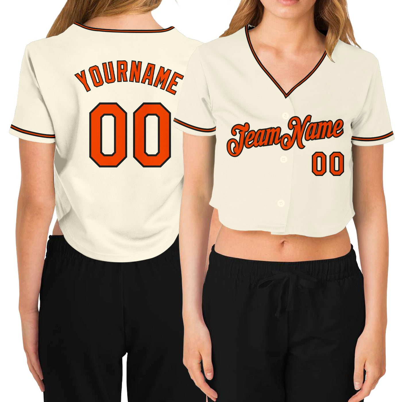 Custom Women's Cream Orange-Black V-Neck Cropped Baseball Jersey - Owls Matrix LTD
